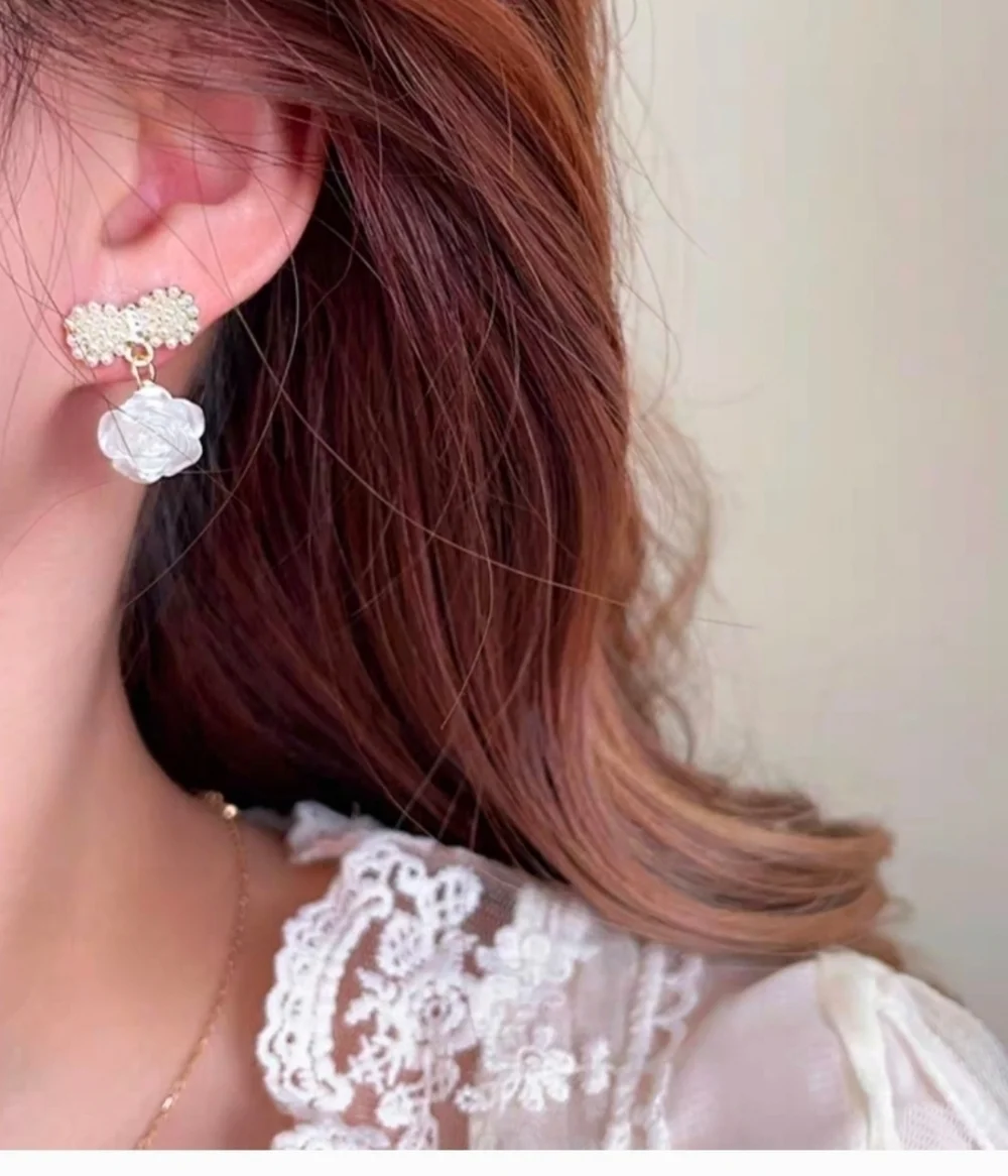 Faux Pearl Cluster Stud & Carved Rose Drop Earrings Romantic Floral